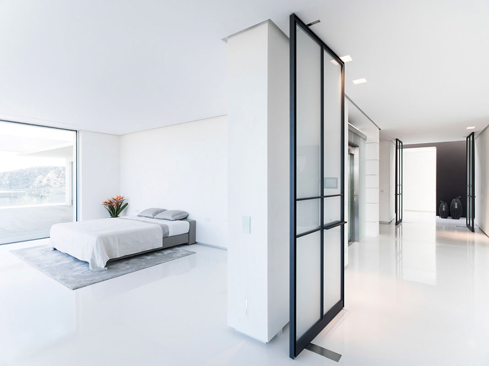 Bedroom Design Colored Breathtaking Bedroom Design With Grey Colored Pillows White Blanket White Bed Linen And Grey Colored Floor Mat Hotels & Resorts  Fabulous Modern Villa In Spain With White Living Room Appearance