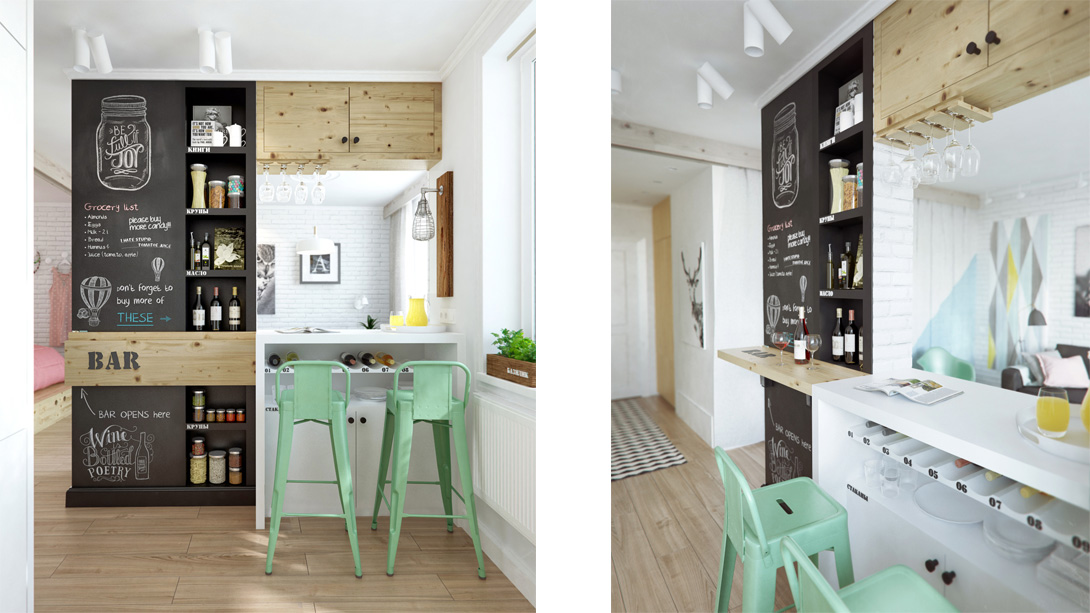 Kitchen Design Apartment Brilliant Kitchen Design Of Compact Apartment Moscow With Green Mint Colored Chairs And White Wooden Counter Dream Homes  Elegant Colorful Interior Design Displaying A Vibrant Pastel Colors