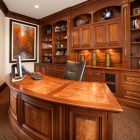 Office Decorating Men Charming Office Decorating Ideas For Men With Curved Wood Desk And Elegant Chair Artistic Painting Shiny Ceiling Lights Unique Glazed Jars Office & Workspace Masculine Office Decoration Ideas For Men Who Live In Modern Lifestyle