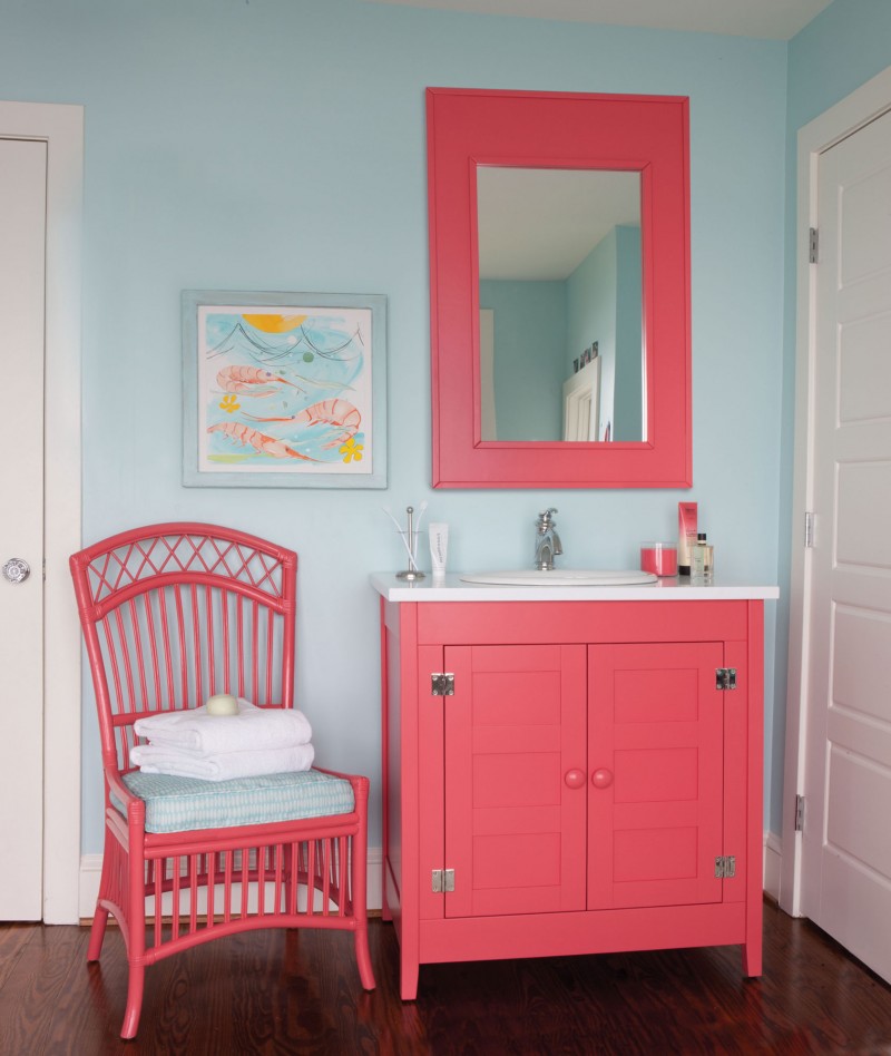 Pink Wooden And Charming Pink Wooden Single Chair And Pink White Cabinets Of The Seaside Cottages Maine Beautified With Sea Creatures Wall Art Hotels & Resorts  Fabulous Modern Seaside Cottage With Elegant Colorful Interiors