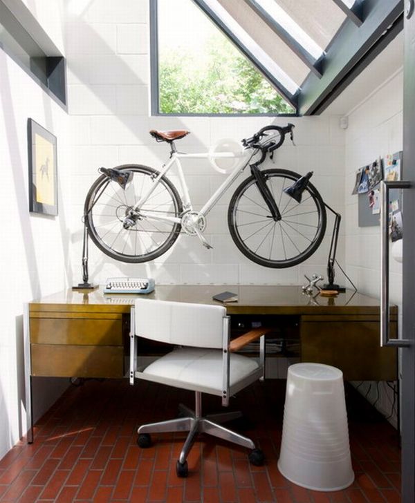 Design Of Home Chummy Design Of Space Conscious Home Office With Sloped Windows And A Bicycle Mounted On The Wall And Opened Window Office & Workspace  Elegant And Modern Home Office Design For A Stylish Working Space