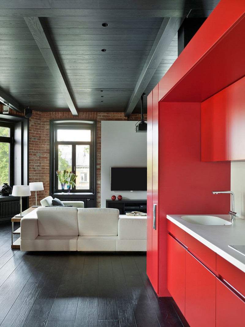 Living Room Apartment Comfortable Living Room Near The Apartment Renovation In Moscow Pink Kitchen With A White Sectional Sofa Interior Design Elegant Contemporary Ideas For Interior Of Modern Studio Flat In Red And White Color