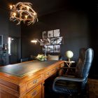 Home Office For Contemporary Home Office Decorating Ideas For Men With Dazzling Aesthetic Pendant Light Above Wood Desk Dark Wood Leather Swivel Chair Office & Workspace Masculine Office Decoration Ideas For Men Who Live In Modern Lifestyle