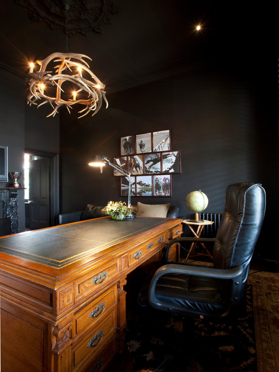 Home Office For Contemporary Home Office Decorating Ideas For Men With Dazzling Aesthetic Pendant Light Above Wood Desk Dark Wood Leather Swivel Chair Office & Workspace Masculine Office Decoration Ideas For Men Who Live In Modern Lifestyle