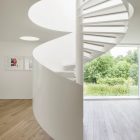 White Swirly The Contemporary White Swirly Staircase Inside The House VMVK With White Footings And White Handrail On Wooden Floor Dream Homes Chic Modern Belgian House With Elegant Interior Designs