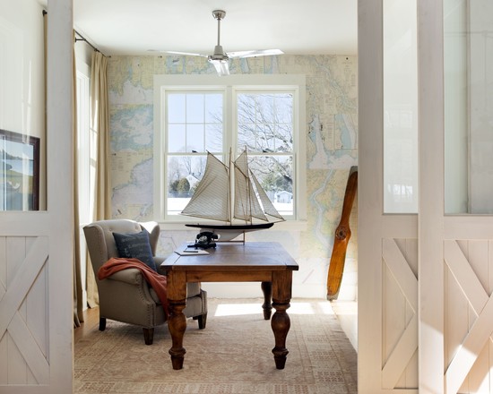 Beach Style Ideas Cool Beach Style Office Decorating Ideas For Men With Vintage Wood Coffee Table And White Wing Chair Ship Miniature French Window Clean White Wall Panel Office & Workspace  Masculine Office Decoration Ideas For Men Who Live In Modern Lifestyle