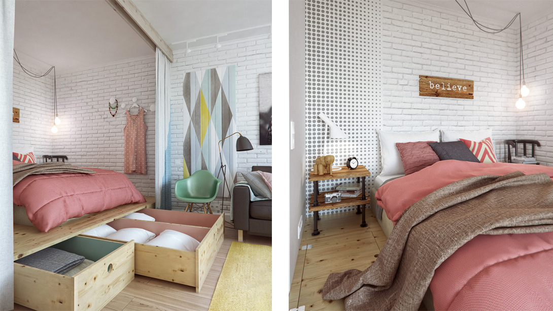 Pasterl Bedroom Compact Cool Pastel Bedroom Design Of Compact Apartment Moscow With Pink Salmon Colored And Soft Brown Wooden Cabinets Office & Workspace Elegant Colorful Interior Design Displaying A Vibrant Pastel Colors