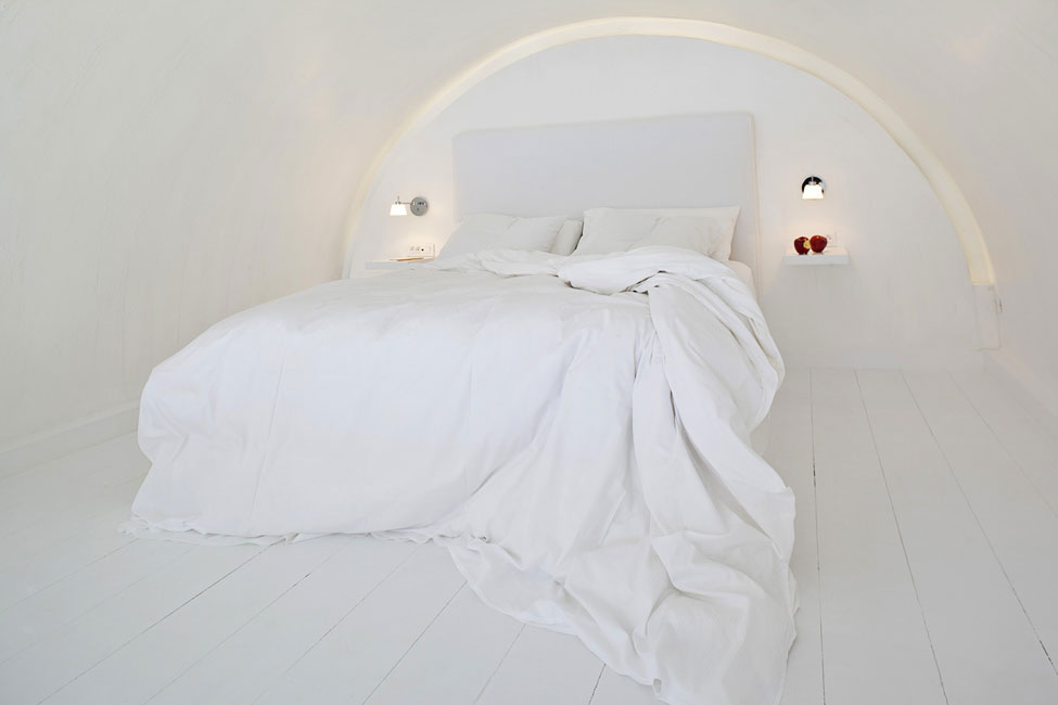 Bedroom Design Wooden Cozy Bedroom Design Applied White Wooden Floor And White Bedspread Ideas At Katikies Hotels In Oia Interior Interior Design Classy And Elegant White Home With Breathtaking Panoramic Sea Views