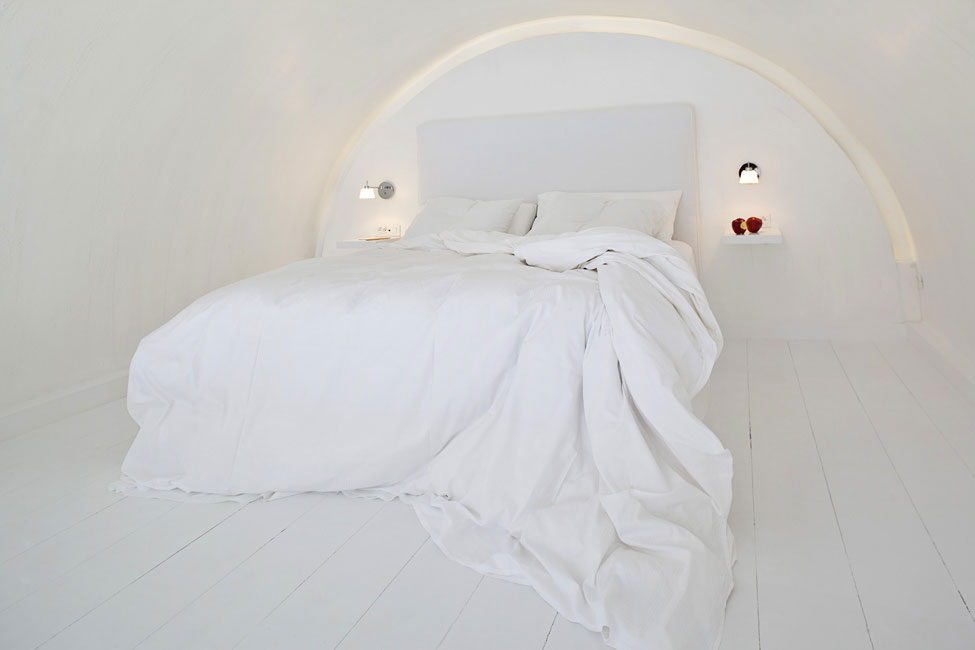 Bedroom Design Wooden Cozy Bedroom Design Applied White Wooden Floor And White Bedspread Ideas At Katikies Hotels In Oia Interior Interior Design  Classy And Elegant White Home With Breathtaking Panoramic Sea Views