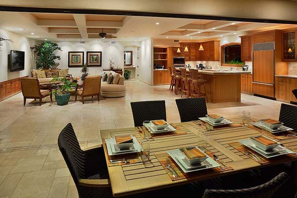 Lounge And The Cozy Lounge And Kitchen Near The Open Dining Room Of Hale Makena Maui Residence With Wooden Table Dream Homes Luxurious Modern Villa With Beautiful Swimming Pool For Your Family