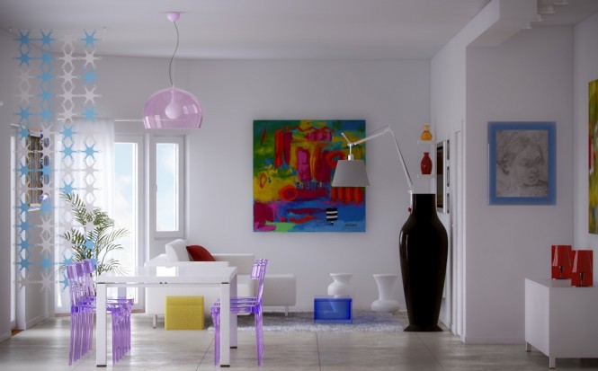 Dinning Living Interior Elegant Dining Living Rainbow Design Interior And Dining Space With White And Purple Color Decoration In Modern Style Interior Design  Amazing Colorful Interior Design With White Palette And Beach Themes