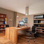 And Smart In Elegant And Smart Interior Design In Modern And Spacious Workspace Including Wooden Desk And Swivel Chair In A Grey Painted Wall Decoration Office & Workspace Stunning Cool Workspace Designs For Your Cozy Office Room