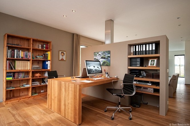 And Smart In Elegant And Smart Interior Design In Modern And Spacious Workspace Including Wooden Desk And Swivel Chair In A Grey Painted Wall Decoration Office & Workspace  Stunning Cool Workspace Designs For Your Cozy Office Room