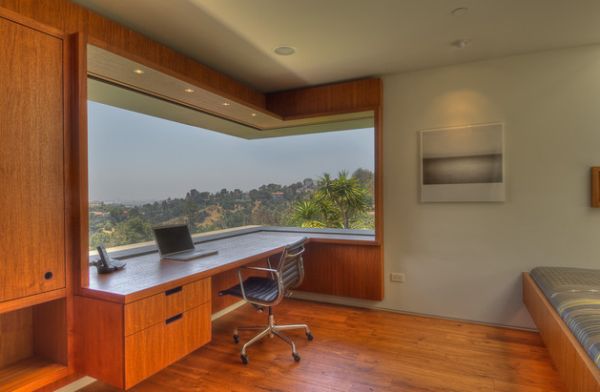 Panoramic Window Home Elevated Panoramic Window Gives This Home Office A Great View Of The Outdoors With Warm Wooden Furniture Element And Structure Office & Workspace Elegant And Modern Home Office Design For A Stylish Working Space