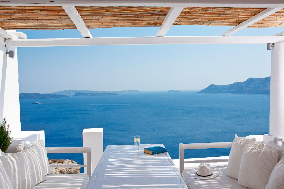 Porch Design Of Exciting Porch Design With View Of Ocean At Katikies Hotels In Oia Decorated With White Sofa Outdoor And Pillows Interior Design Classy And Elegant White Home With Breathtaking Panoramic Sea Views