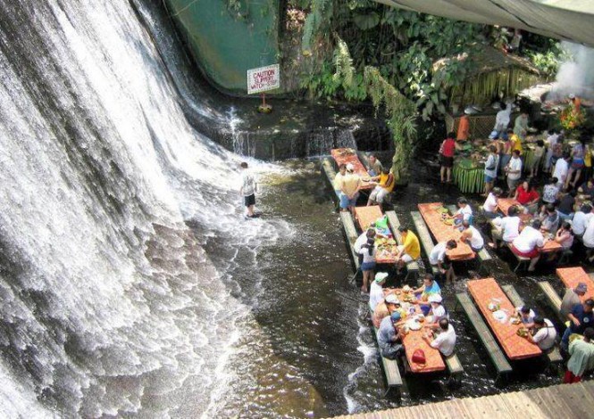 Villa Escudero Restaurant Exciting Villa Escudero Including Waterfalls Restaurant With Cozy Space To Enjoy The Dining Time With Wooden Table And Long Bench In The River Restaurant Unique Villa Design Providing Stunning Unusual Experience