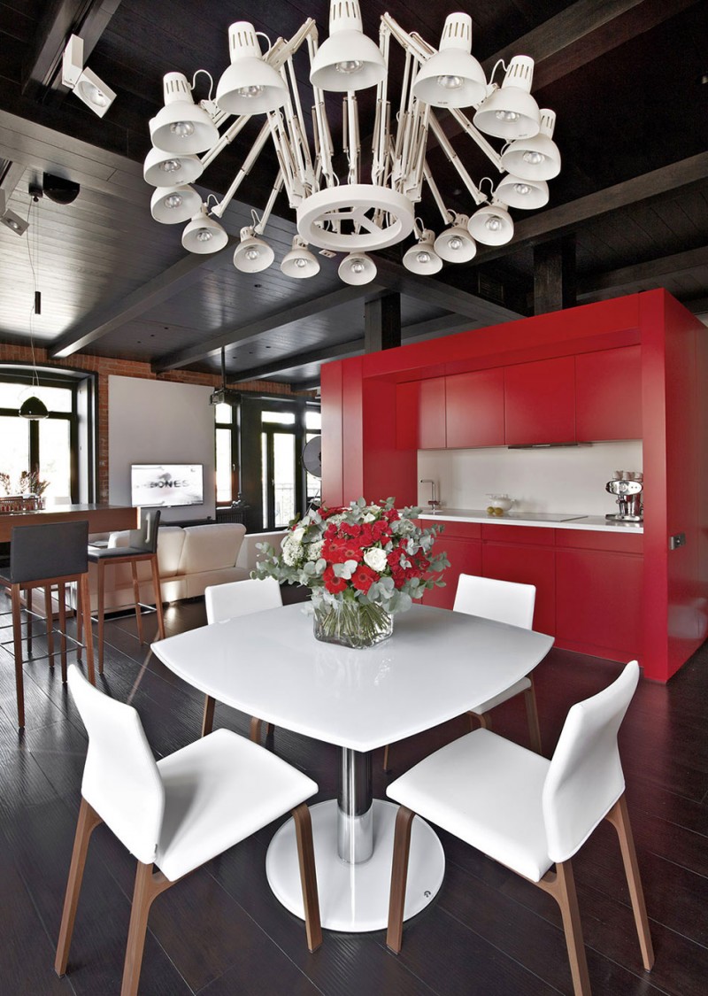 Apartment Renovation Dining Fabulous Apartment Renovation In Moscow Dining Room With White Table And White Chairs Under White Lamp Interior Design Elegant Contemporary Ideas For Interior Of Modern Studio Flat In Red And White Color