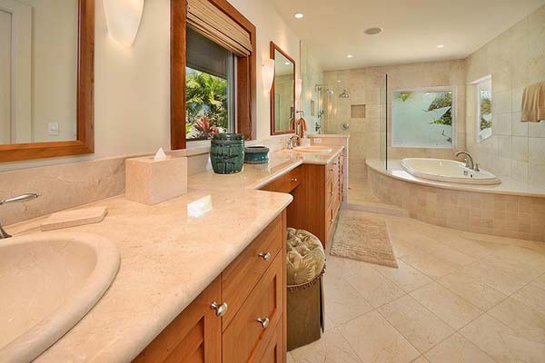 Bathroom In Makena Fabulous Bathroom In The Hale Makena Maui Residence With Long Wooden Vanity And Gorgeous Sinks Near White Tub Dream Homes  Luxurious Modern Villa With Beautiful Swimming Pool For Your Family