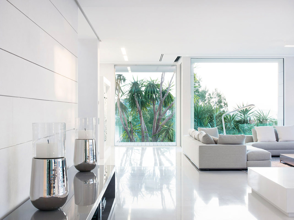 First Floor Design Fabulous First Floor Glossy Interior Design With White Colored Glossy Marble Floor And Glossy Wooden Cabinets Hotels & Resorts Fabulous Modern Villa In Spain With White Living Room Appearance