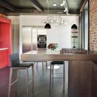 Details In In Fantastic Details In Apartment Renovation In Moscow Kitchen With Wooden Island And Wooden Stools On Hardwood Floor Interior Design Elegant Contemporary Ideas For Interior Of Modern Studio Flat In Red And White Color