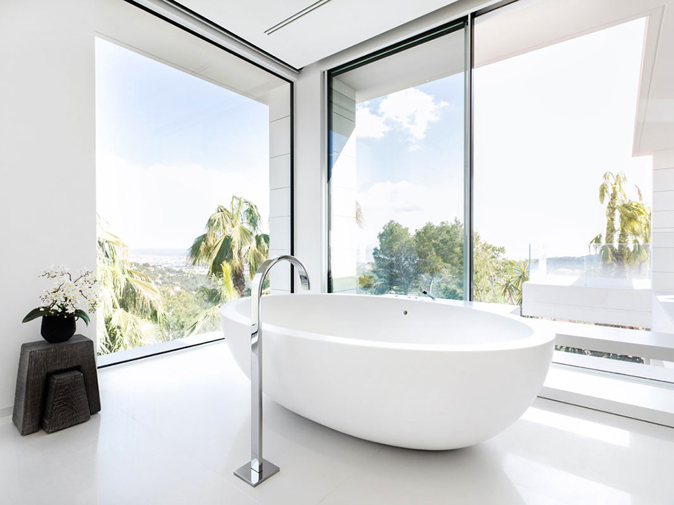 Bathroom Design Colored Fascinating Bathroom Design With White Colored Bathtub White Colored Marble Floor And Silver Stainless Faucet Hotels & Resorts Fabulous Modern Villa In Spain With White Living Room Appearance