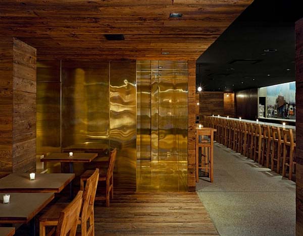 Gold Transparent Wooden Fascinating Gold Transparent Cabinets On Wooden Floor And Wooden Ceiling With Ceiling Lamp Inside Pio Pio Restaurant By Sebastian Marsical Studio Restaurant Stunning Wood Restaurant With Minimalist Decoration Approach