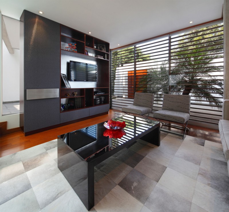 Tv Room Residence Fascinating TV Room In Patio Residence With Wooden Shelves And Dark Table Near Grey Sofa On Grey Carpet Dream Homes  Stunning White Home With Authentic Patio In Modern Style