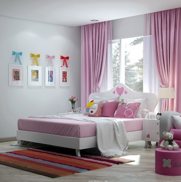 Girls Pink With Feminine Girls Pink Bedroom Idea With Pink Curtain To Cover Window Facing White And Pink Bedding On Striped Rug Dream Homes Comfortable Living Room Space For An Elegant Modern Home Decoration