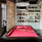 Play Room Table Fun Play Room With Pool Table And Black Lamps Near Brick Wall In Apartment Renovation In Moscow Interior Design Elegant Contemporary Ideas For Interior Of Modern Studio Flat In Red And White Color