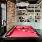 Play Room Table Fun Play Room With Pool Table And Black Lamps Near Brick Wall In Apartment Renovation In Moscow Interior Design Elegant Contemporary Ideas For Interior Of Modern Studio Flat In Red And White Color