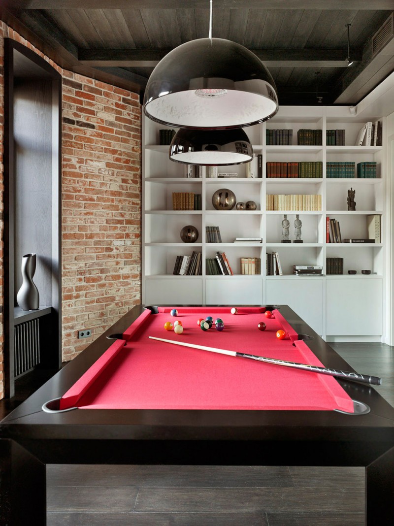 Play Room Table Fun Play Room With Pool Table And Black Lamps Near Brick Wall In Apartment Renovation In Moscow Interior Design Elegant Contemporary Ideas For Interior Of Modern Studio Flat In Red And White Color