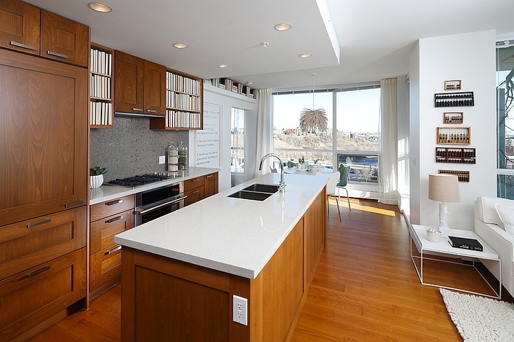 Kitchen With At Gorgeous Kitchen With Wooden Cabinet At Botanist Suite I3 Design Group And Granite Countertop Also Glass Tile Backsplash Interior Design Elegant Botanical Interior Decoration Within Contemporary Modern Apartment