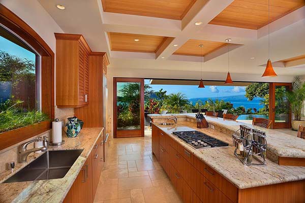 Wooden Island Hale Gorgeous Wooden Island In The Hale Makena Maui Residence Kitchen With Wooden Cabinets And Brown Granite Countertop Dream Homes Luxurious Modern Villa With Beautiful Swimming Pool For Your Family