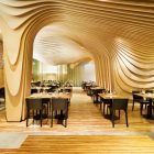 Melting Wall With Incredible Melting Wall And Ceiling With Sleek Wooden Floor Improving The Appearance Of BNQ CP Restaurant Restaurant Wonderful Modern Restaurant With Wooden Decoration Themes
