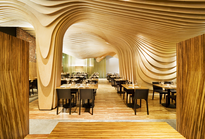 Melting Wall With Incredible Melting Wall And Ceiling With Sleek Wooden Floor Improving The Appearance Of BNQ CP Restaurant Restaurant Wonderful Modern Restaurant With Wooden Decoration Themes