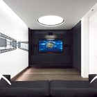 Home Cinema Black Interesting Home Cinema Design With Black Colored Sofa Soft Brown Wooden Floor And Wide Black LCD Television Hotels & Resorts Fabulous Modern Villa In Spain With White Living Room Appearance