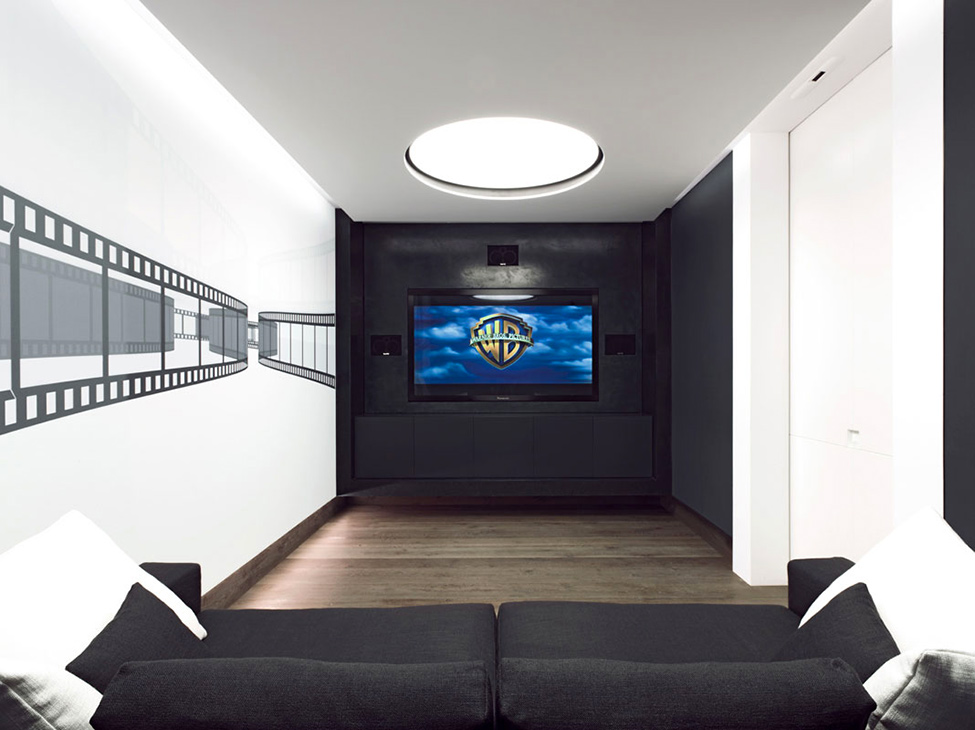 Home Cinema Black Interesting Home Cinema Design With Black Colored Sofa Soft Brown Wooden Floor And Wide Black LCD Television Hotels & Resorts  Fabulous Modern Villa In Spain With White Living Room Appearance