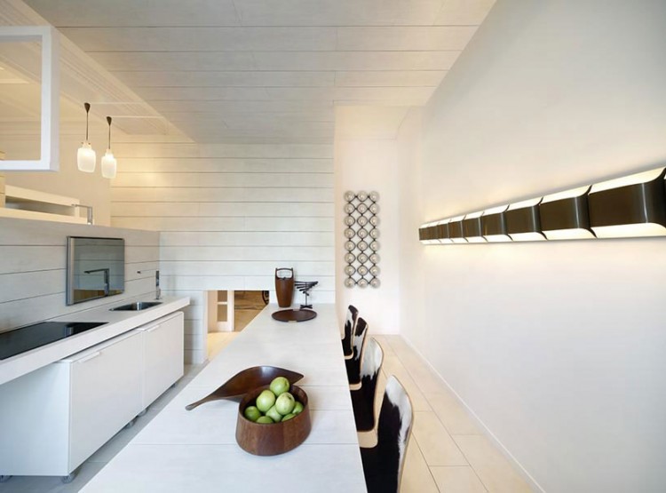 Kitchen In Madrid Interesting Kitchen In Ceramic House Madrid Spain With Long White Counter And Black Stools Facing White Cabinets Interior Design Elegant Ceramic Interior Design With Beautiful Dining And Kitchen Partition