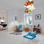 View Of Master Interesting View Of Swedish Apartment Master Bedroom Seen From Living Room With Antique Pendants Above Tray Tables Interior Design Cozy Scandinavian House Interior With Bright Decoration Style