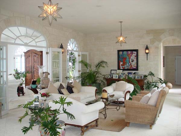 The Coral Grace Large The Coral House On Grace Bay Living Room Interior Enhanced With Star Shaped Pendants And Potted Greenery Architecture  Luminous Private Beach House With Stylish And Chic Exotic Interiors