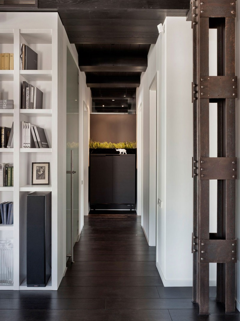 Alleyway Inside Renovation Long Alleyway Inside The Apartment Renovation In Moscow With White Bookshelves And Hardwood Floor Under Wooden Ceiling Interior Design Elegant Contemporary Ideas For Interior Of Modern Studio Flat In Red And White Color