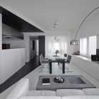 Room 407 White Long Room 407 Painted In White With Black Splash On Wall Floor And Ceiling And Some Items Like TV And Table Interior Design Elegant Monochrome Interior Idea For Classy Home Design