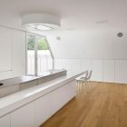 White Kitchen The Long White Kitchen Counter In The House VMVK With White Stools And White Cabinets On Wooden Floor Dream Homes Chic Modern Belgian House With Elegant Interior Designs