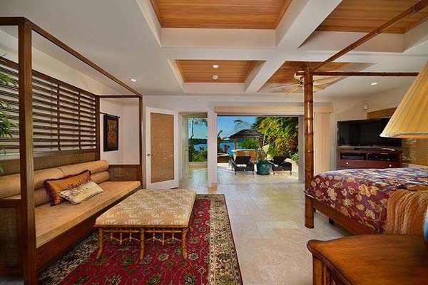 Wooden Bench Hale Long Wooden Bench In The Hale Makena Maui Residence Bedroom With Artistic Red Carpet And Wooden Nightstands Dream Homes Luxurious Modern Villa With Beautiful Swimming Pool For Your Family