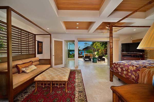 Wooden Bench Hale Long Wooden Bench In The Hale Makena Maui Residence Bedroom With Artistic Red Carpet And Wooden Nightstands Dream Homes  Luxurious Modern Villa With Beautiful Swimming Pool For Your Family