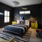Black Painted Designs Masculine Black Painted Cool Room Designs For Guys Furnished With Knitted Bed And Yellow Nightstands With Lamps Interior Design Enchanting Cool Room Designs For Guys Of Small Studio House