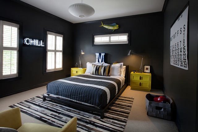 Black Painted Designs Masculine Black Painted Cool Room Designs For Guys Furnished With Knitted Bed And Yellow Nightstands With Lamps Interior Design Enchanting Cool Room Designs For Guys Of Small Studio House