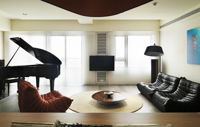 Dark Themed Inside Masculine Dark Themed Furnishing Placed Inside White Themed Apartment Living Room With Grand Piano Unit Apartments  Delightful Simple Interior Design In Neutral Palette And Vivid Furniture