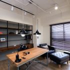 Home Office For Masculine Home Office Decorating Ideas For Men With Dark Venetian Blind Metallic Pendant Lights Wood Desk Tufted Sofa Wood Bookcase Office & Workspace Masculine Office Decoration Ideas For Men Who Live In Modern Lifestyle