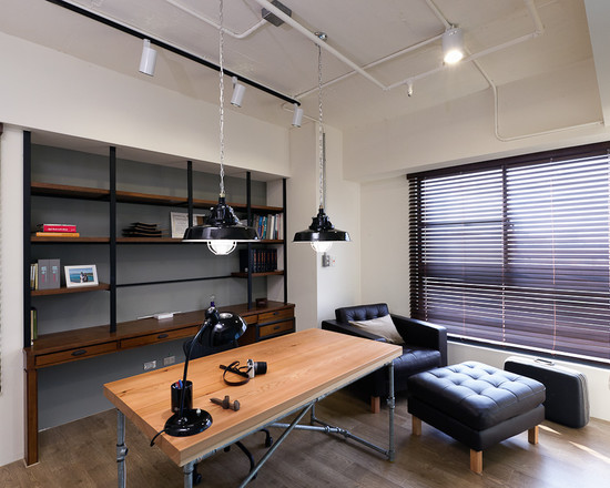 Home Office For Masculine Home Office Decorating Ideas For Men With Dark Venetian Blind Metallic Pendant Lights Wood Desk Tufted Sofa Wood Bookcase Office & Workspace Masculine Office Decoration Ideas For Men Who Live In Modern Lifestyle